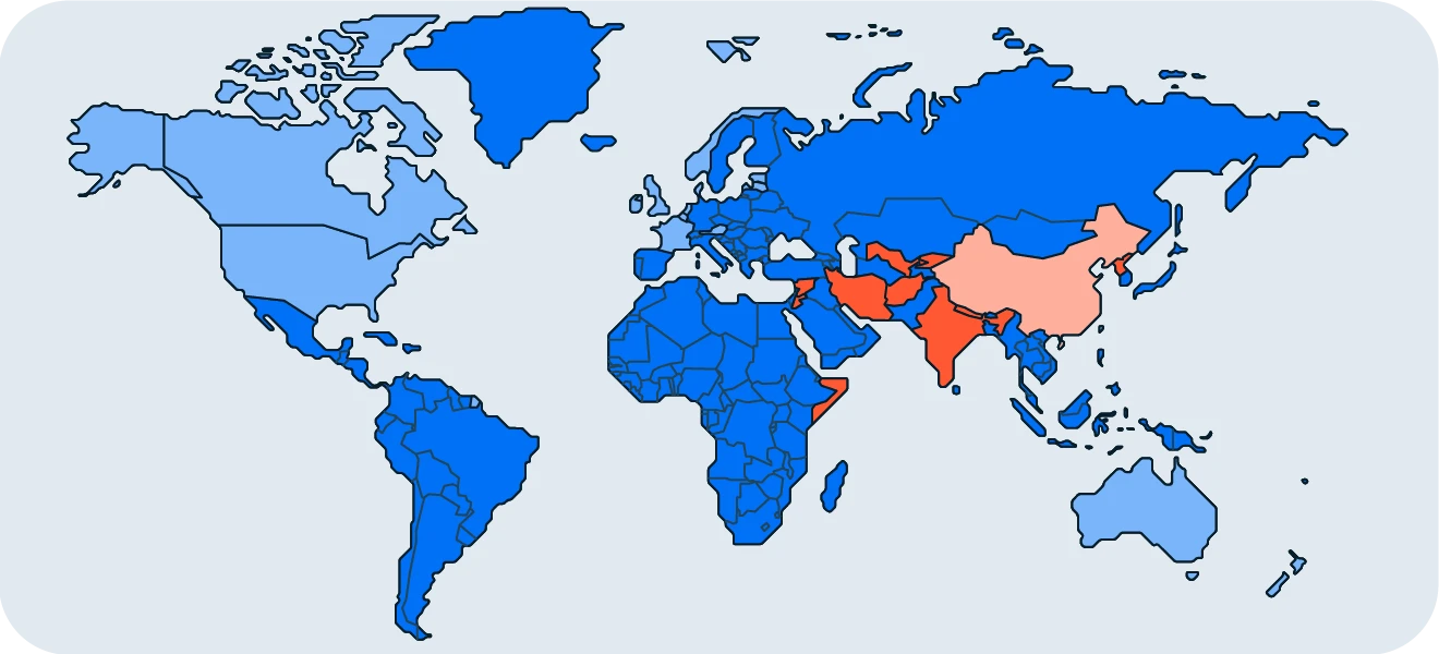各国对 TikTok 的禁止或限制。